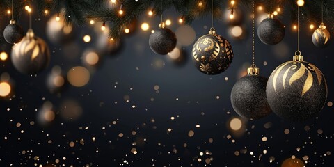 Christmas celebration decoration holiday banner template greeting card  - Group of hanging gold black baubles ornaments and bokeh lights, black background, Generative AI - obrazy, fototapety, plakaty