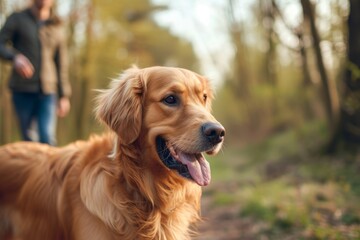 Obraz premium Golden retriever on a walk. Close-up of a dog on a walk in the park with its owner. AI generative