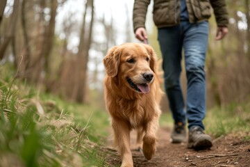 Golden retriever on a walk. Close-up of a dog on a walk in the park with its owner. AI generative