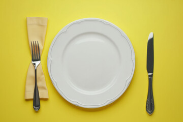 Empty plate with a fork, knife and textile napkin top view. AI generative