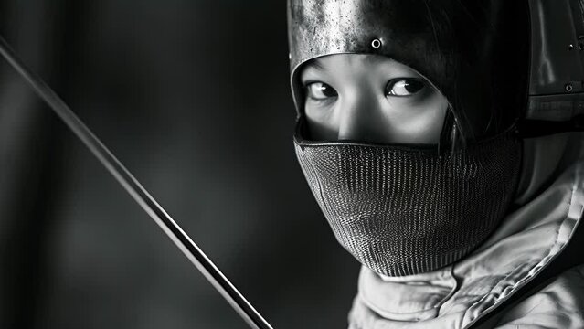 A black and white portrait of a fencer in mask, capturing the intensity of their concentration.