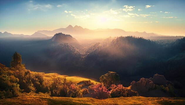 Majestic landscape glowing by sunlight in the morning