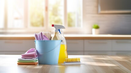 A bucket of cleaning products, brushes, rags, gloves on a wooden table on a blurred background of a modern kitchen. Home cleaning kit. - obrazy, fototapety, plakaty