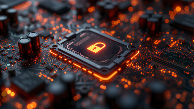 A secure padlock symbol glowing on a microchip within a circuit board represents robust cybersecurity measures.
