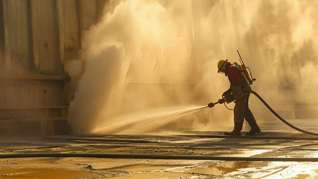 An action shot of the sandblaster, powerfully blasting away at a large surface with the sandblasting machine.