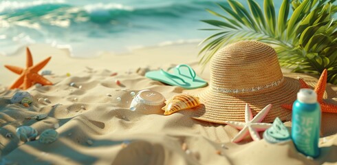 Straw hat with a wide range of items laid out on the sand beach, in the style of decorative backgrounds