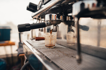 Coffee shot,Coffee machine pouring out espresso shot
