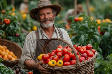 Fototapeta premium Farmer with a basket of tomatoes