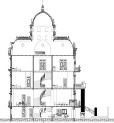 Vector sketch illustration design technical drawing section of old antique vintage Roman Greek building