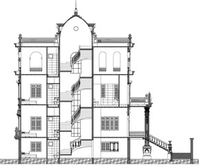 Obraz premium Vector sketch illustration design technical drawing section of old antique vintage Roman Greek building