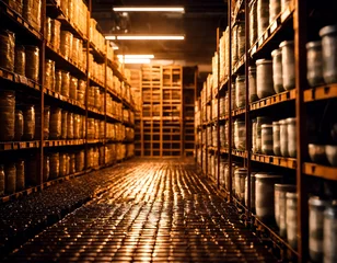 Foto op Aluminium Warehouse in factory. Rows of plastic containers for packaging and storage stand in an old room at manufacturing plant in Sri Lanka. Production concept. High quality photo. Copy ad text space, poster © Alex Vog