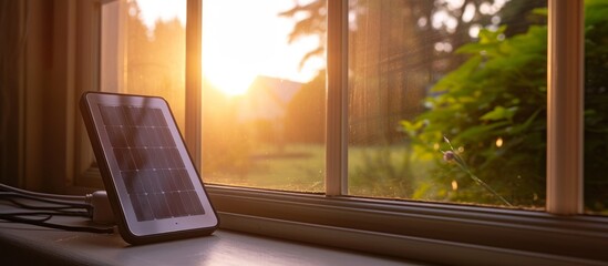Portable solar charger attached to window generates energy and charges powerbank on sunny day.