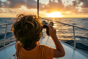 child with binoculars at stern, looking to horizon - obrazy, fototapety, plakaty