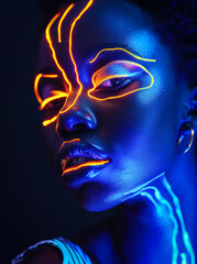 Portrait of a beautiful young woman who has a face with modern, neon, urban make-up and her whole face painted with vibrant colorful glitter paint.