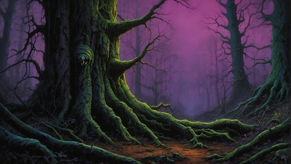 In a chillingly vivid description, a haunting scifi forest comes to life in an acrylic painting.