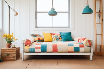 a patchwork duvet cover displayed on a daybed