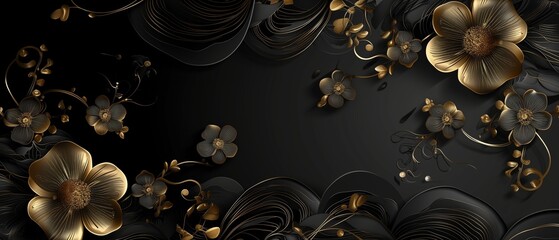 luxury black gold background with swirl and flower