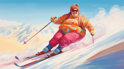 A young chubby woman of large size is skiing in the snow. An active lifestyle. A winter sport.