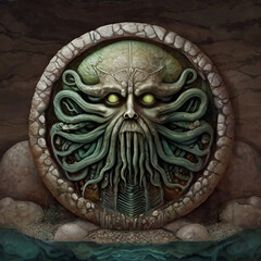 Fantastic painting of an octopus in a stone cave with green eyes. Illustration of an Alien with a Skull in the Eyes