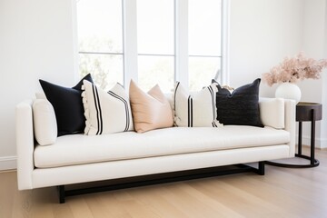 white faux leather sofa with black throw pillows