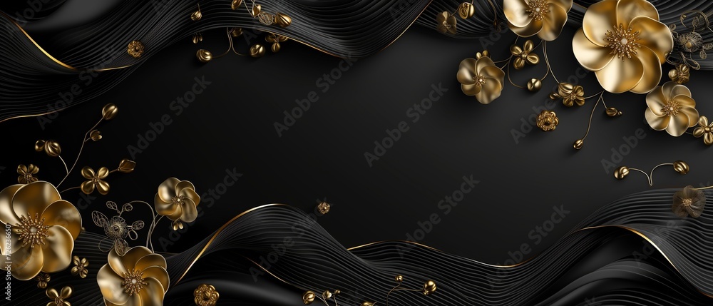 Sticker luxury black gold background with swirl and flower