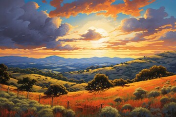 autumn landscape with mountains and sky at sunset