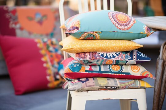 a jumble of vibrant throw pillows on a patio chair