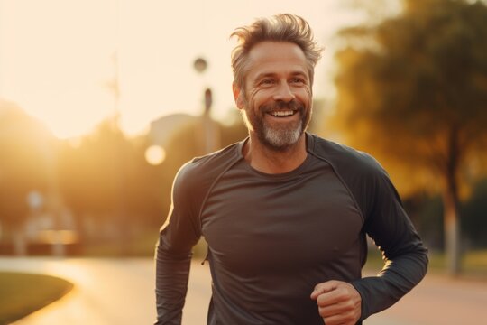 Happy man jogging in the city at sunset. Sport and active life concept.