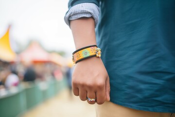 person wearing a festival wristband, showing it to the camera