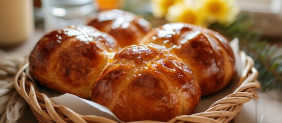 Czech Easter pastry, resembling cross bun, with marmalade and butter - obrazy, fototapety, plakaty