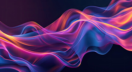A futuristic banner featuring abstract wavy shapes in shades of blue and purple, creating a dynamic visual with retro-inspired glowing waves