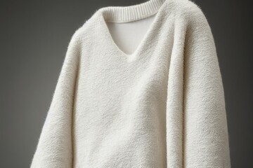 Soft white wool winter sweater hanging with blank backdrop. 