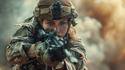 An action shot capturing a female soldier in combat gear as she aims a rifle