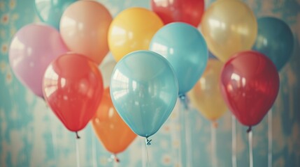 Balloons in multiple colors adorned with a vintage Instagram filter, portraying the essence of joyous summer birthdays and wedding honeymoon celebrations