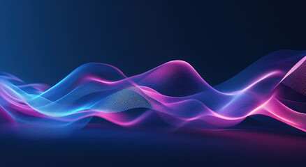 A futuristic banner featuring abstract wavy shapes in shades of blue and purple, creating a dynamic visual with retro-inspired glowing waves