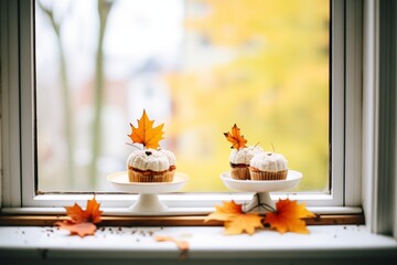 seasonal pumpkin spice cakes on window ledge, leaves falling outside