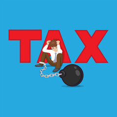 Tied and worried taxpayer businessman with ball and chain. Crisis of banking and finance. Flat, Vector, Illustration, Cartoon, EPS10.  