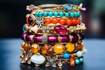 Stack of colorful bracelets adorned with charms - obrazy, fototapety, plakaty
