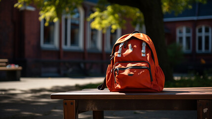 Backpack with school supplies on wooden table High Dynamic Range tone - Powered by Adobe