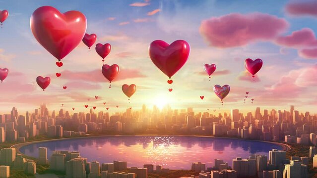 Love on the Horizon: Heart-Shaped Balloons Drift Over a Sunset City for Valentine's