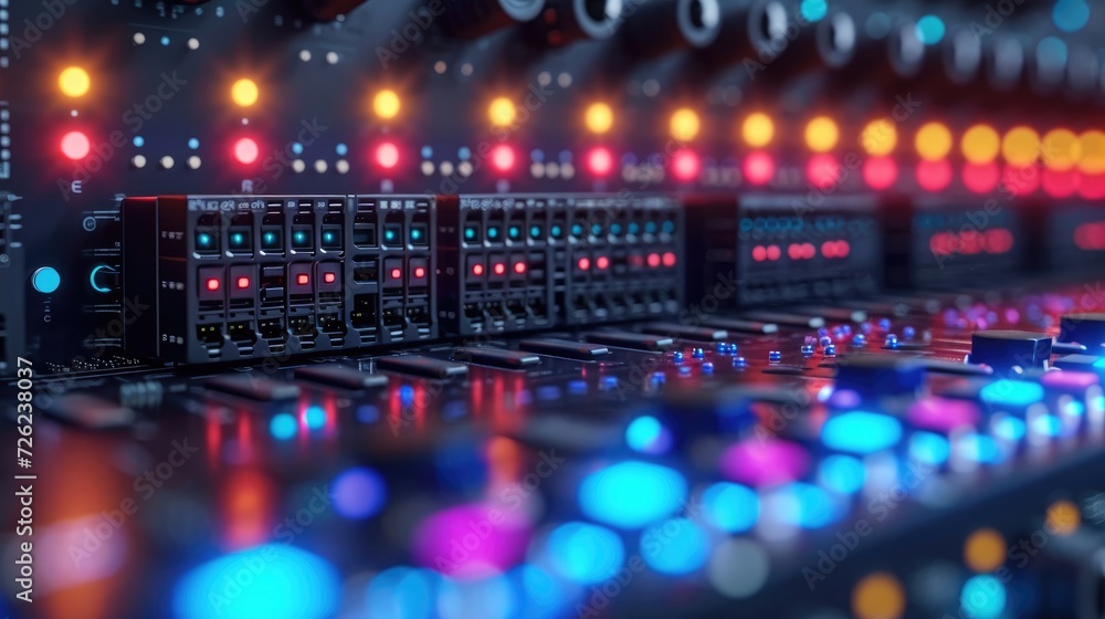 Poster close up of network cables in data center with colorful lights