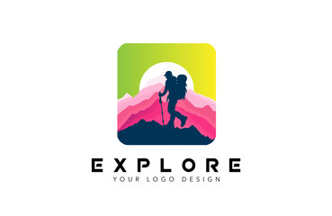 Adventure and Exploring Logo Design Concept, Hiker hiking logo design with mountain peaks Vector