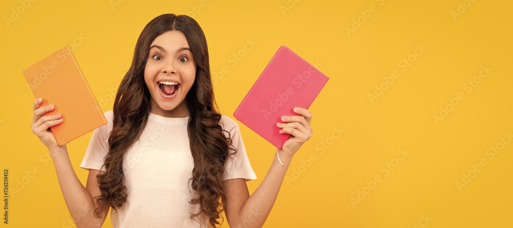 Poster girl with grammar book. bookish kid in book store. student ready for studying. childrens literature.