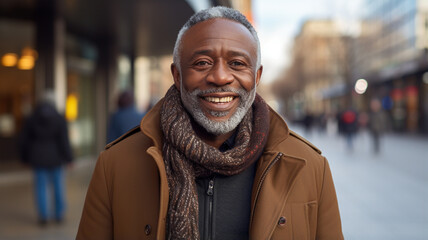Naklejka premium Happy, city and face of business black man by building for career, job and work opportunity. Professional, corporate leader and portrait of worker in urban town for success mindset, pride and travel