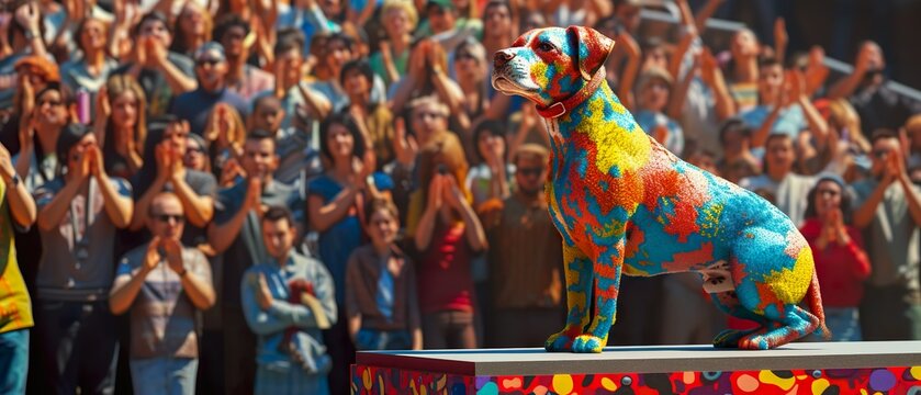 bekannt wie ein bunter Hund, Konzept zu Redewendung, ein farbenfroher Hund, der auf einem Podest steht und die Menschen im Hintergrund jubeln ihm zu.