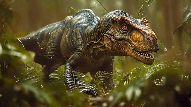 A determined allosaurus stalks through the wet underbrush undeterred by the lingering rain as it searches for its next prey.