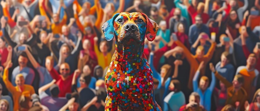 bunter Hund, der auf einem Podest steht und die Menschen im Hintergrund jubeln ihm zu, Konzept zu Redewendung bekannt wie ein bunter Hund 