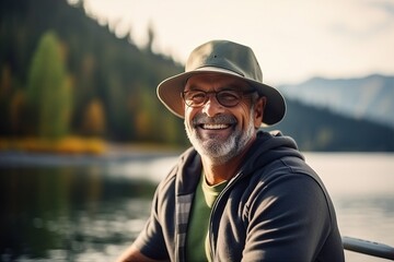 Portrait of a happy senior man sitting on a boat at lake