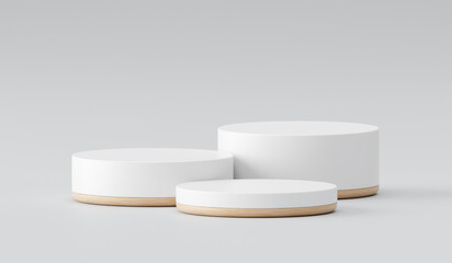 Modern white podium wood surface display 3d show stage background with minimal product pedestal platform presentation scene empty mockup showcase stand natural cosmetic advertising wooden backdrop.