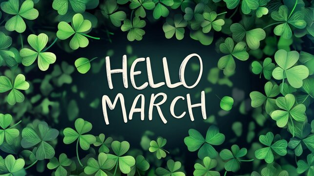 Hello March. Green clover leaves as background. - Powered by Adobe
